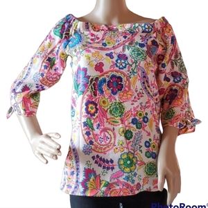 GLAM off shoulder bright paisley knot at sleeve ends Small EUC